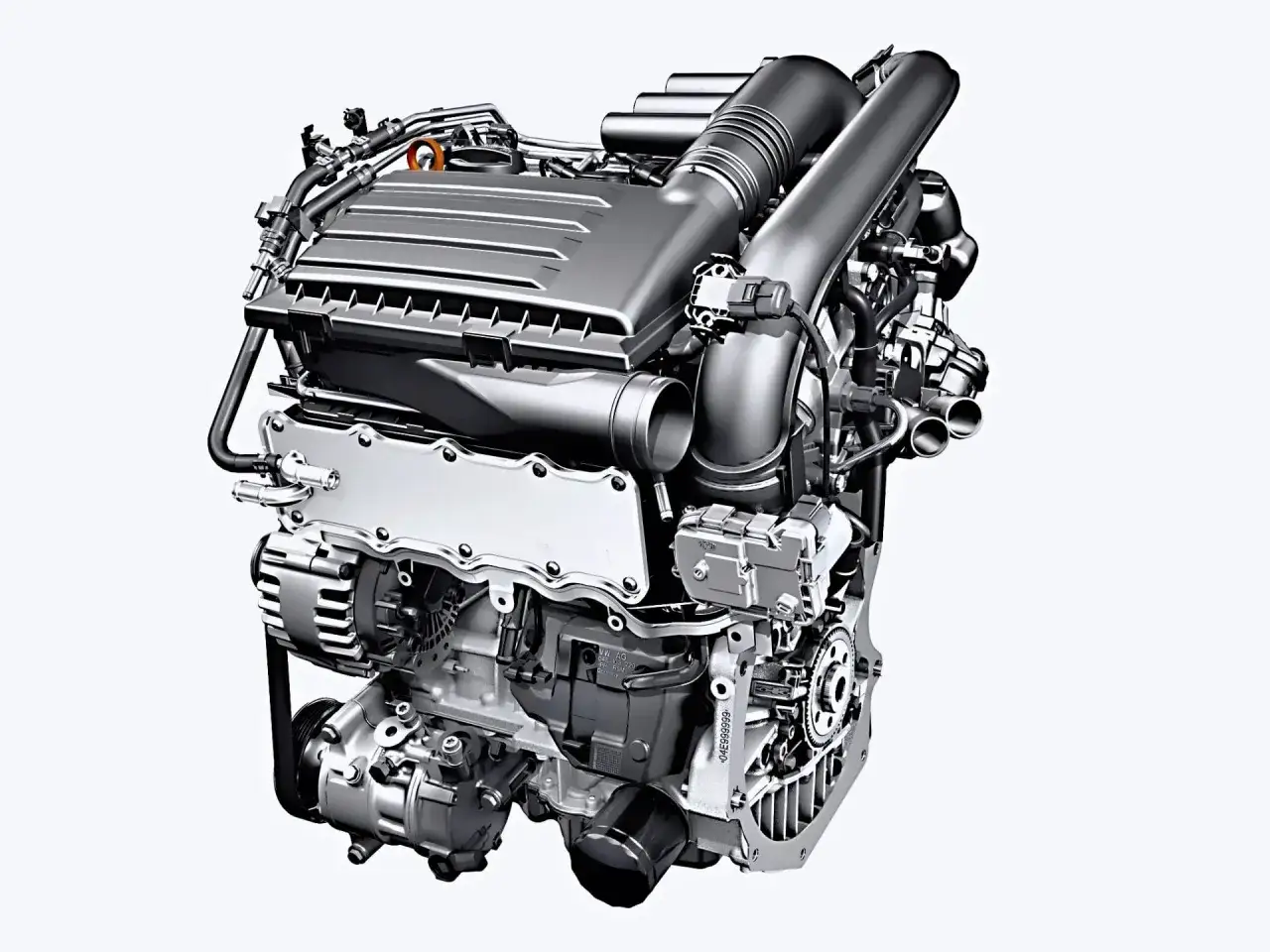 Nowoczesny silnik benzynowy, symbol niezniszczalne silniki benzynowe, z turbosprężarką i licznymi elementami układu paliwowego i chłodzenia.