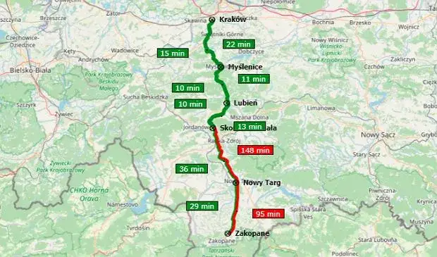 Mapa trasy Krak&oacute;w Zakopane korki