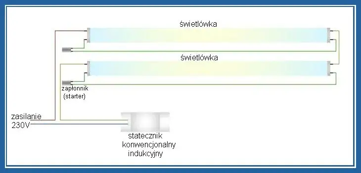 schemat podłączenia dwóch świetlówek do jednego dławika