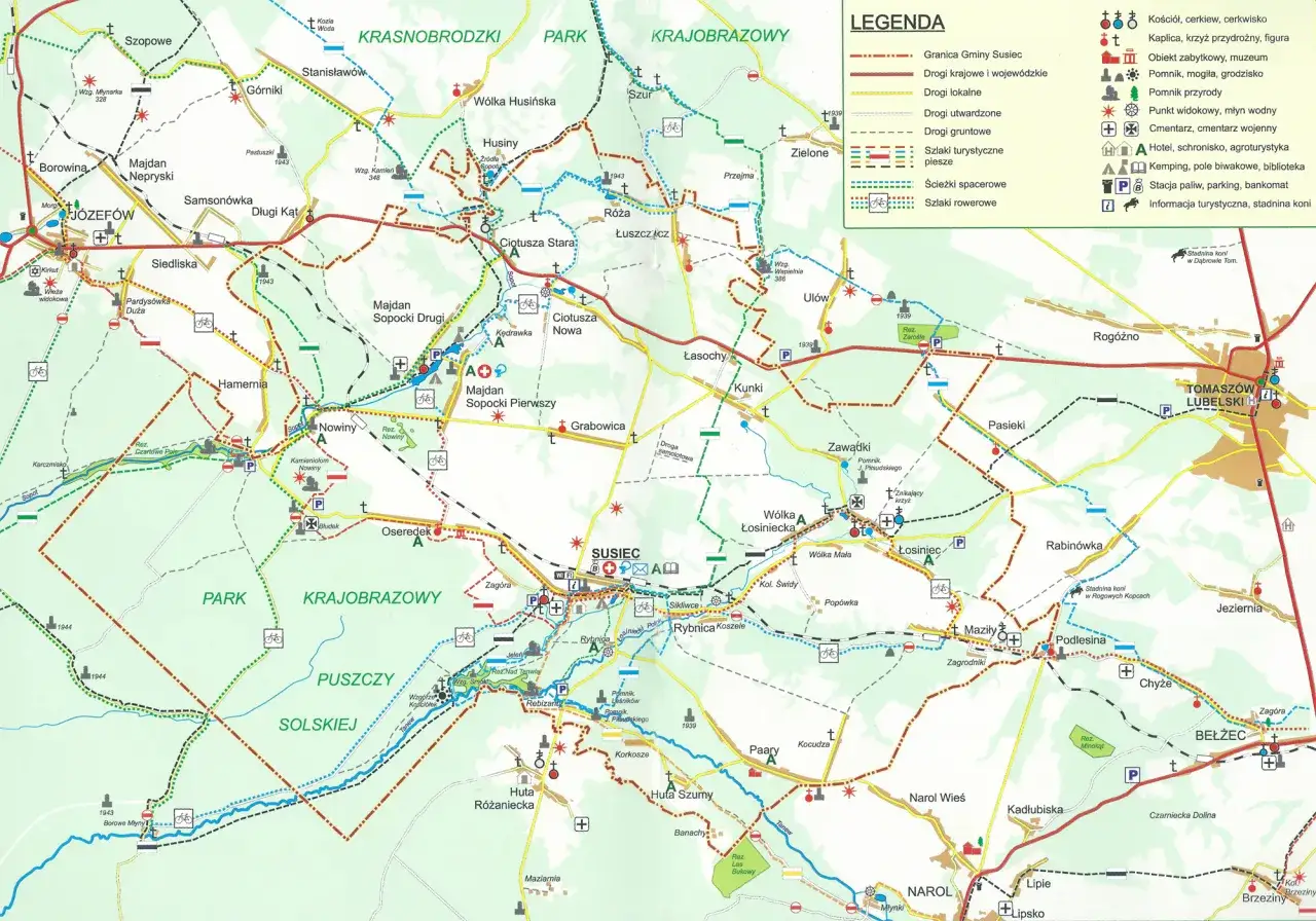Mapa turystyczna z zaznaczonym szlakiem rowerowym pomarańczowym, prowadzącym przez malownicze tereny Roztocza.