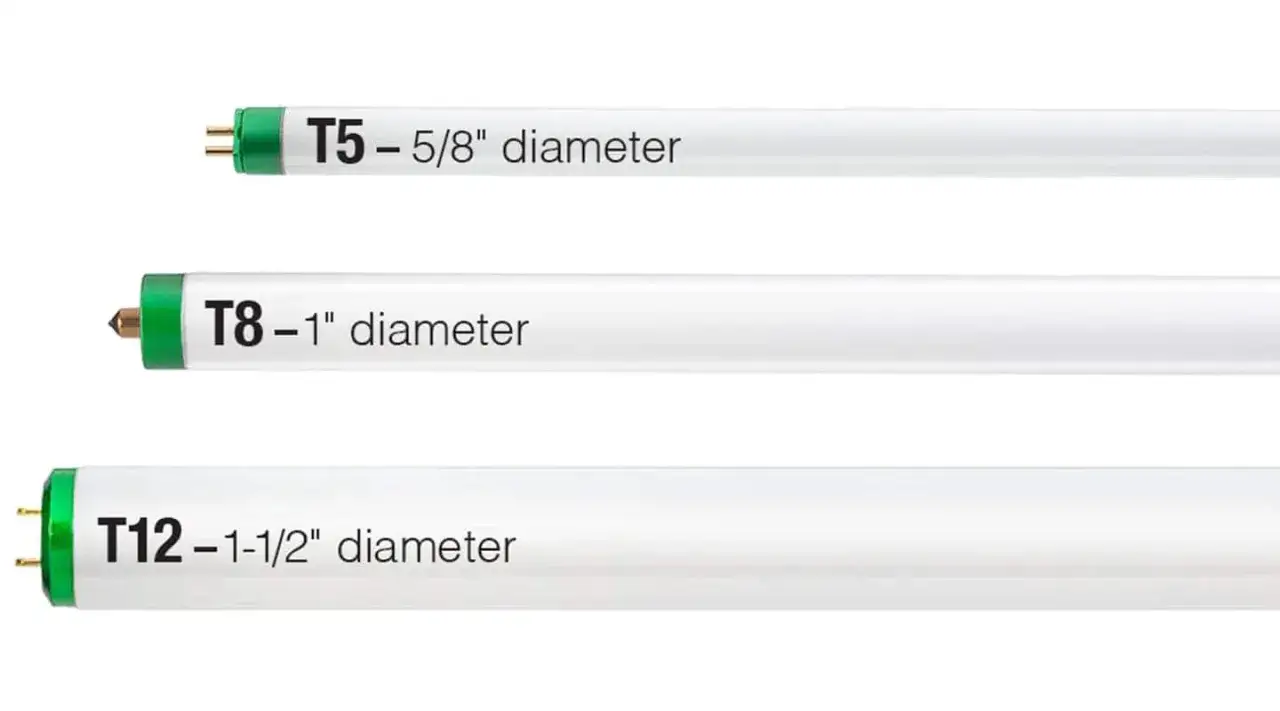 Por&oacute;wnanie oznaczeń świetl&oacute;wek: T5 (5/8 cala), T8 (1 cal) i T12 (1-1/2 cala) średnicy.