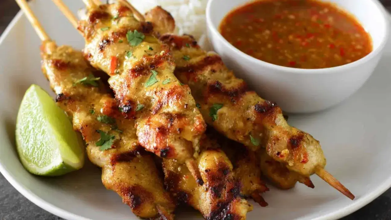 Aromatyczne satay z kurczaka na patyczkach, podane z orzechowym sosem, ryżem i ćwiartką limonki.