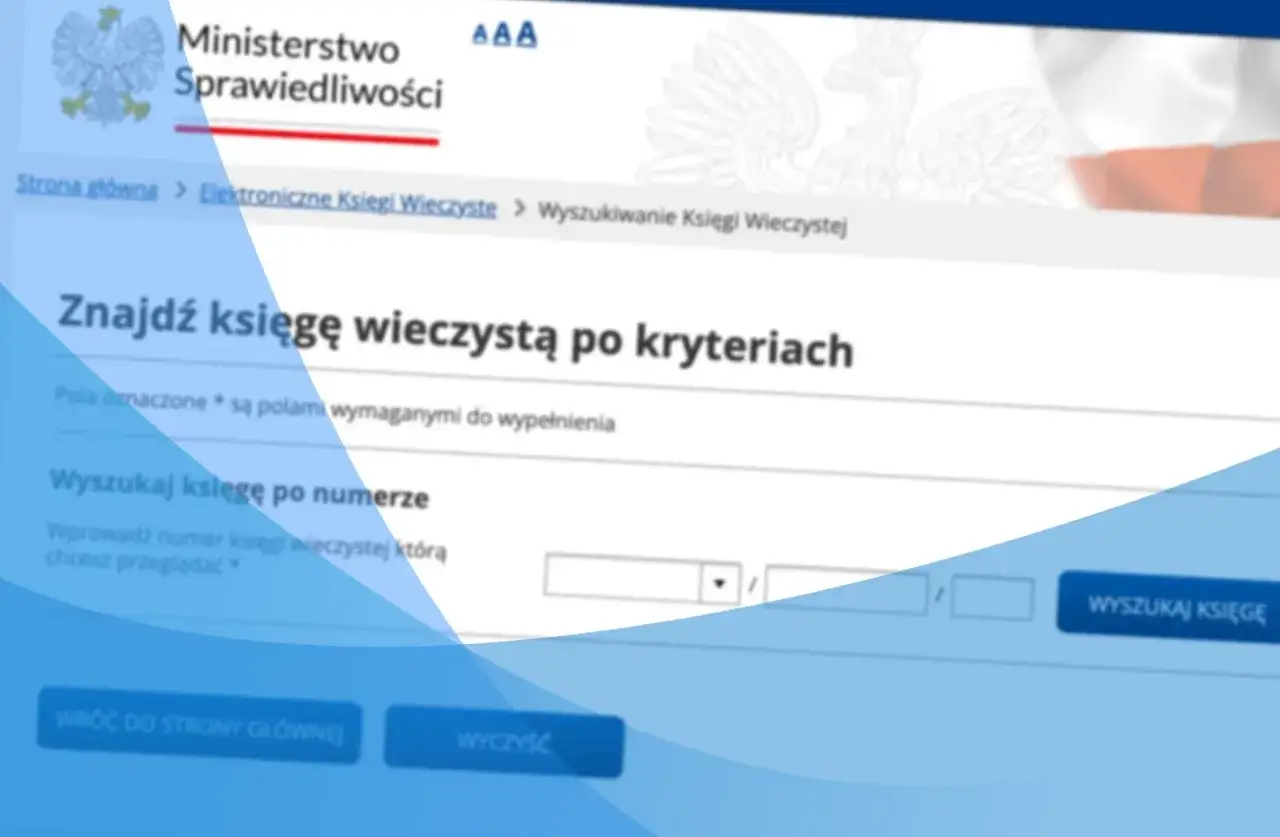 Strona Ministerstwa Sprawiedliwości, gdzie można wyszukać księgę wieczystą po numerze. Numer księgi wieczystej można udostępnić, aby sprawdzić jej stan prawny.