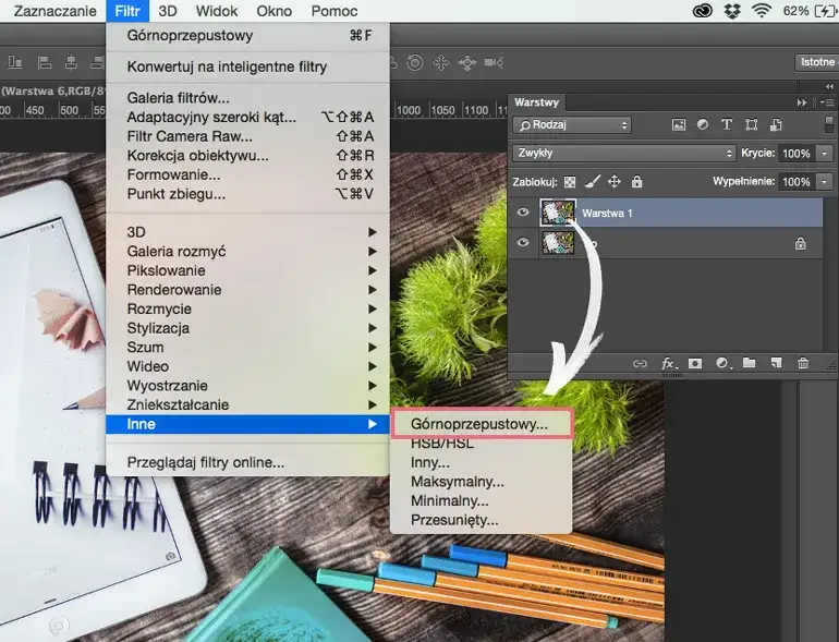 Filtr górnoprzepustowy Photoshop przykład