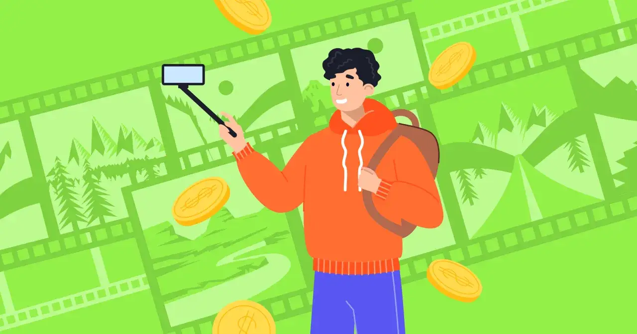 Chłopak z plecakiem nagrywa filmik selfie na tle krajobrazów. Monety spadają, sugerując zarabianie. Dowiedz się, jak napisać bloga po ang.