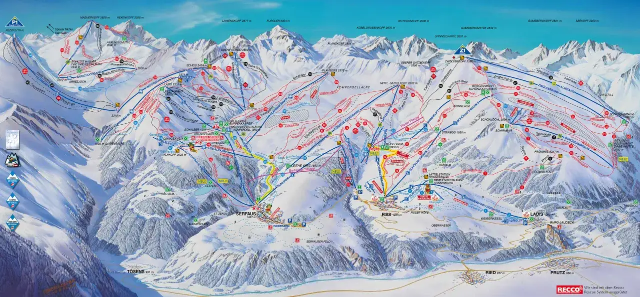 Mapa ośrodka narciarskiego Serfaus-Fiss-Ladis w Austrii, idealne miejsce, gdzie na narty w marcu.