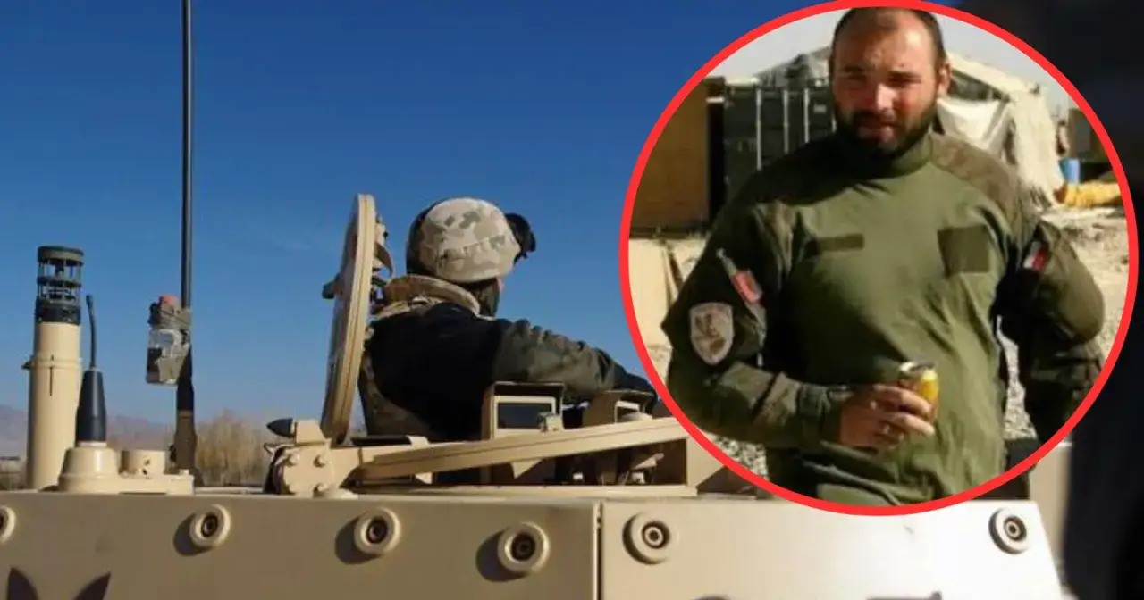 Żołnierz w pojeździe wojskowym, jakby z wiersza 