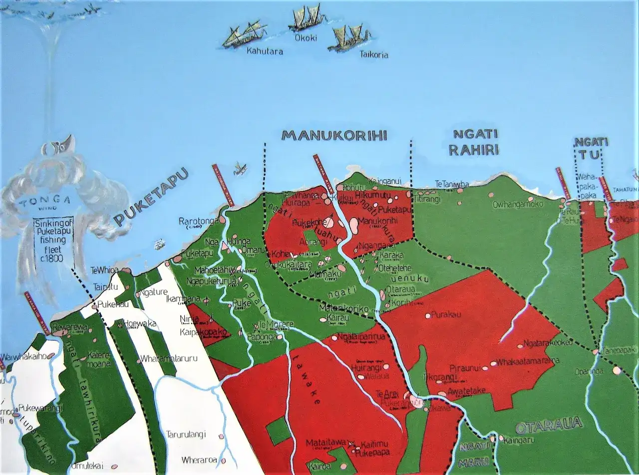 Mapa przedstawia tereny plemienne w Nowej Zelandii, z zaznaczonymi nazwami, rzekami i osadami, sugerującymi czas, kiedy odkryto Nową Zelandię.
