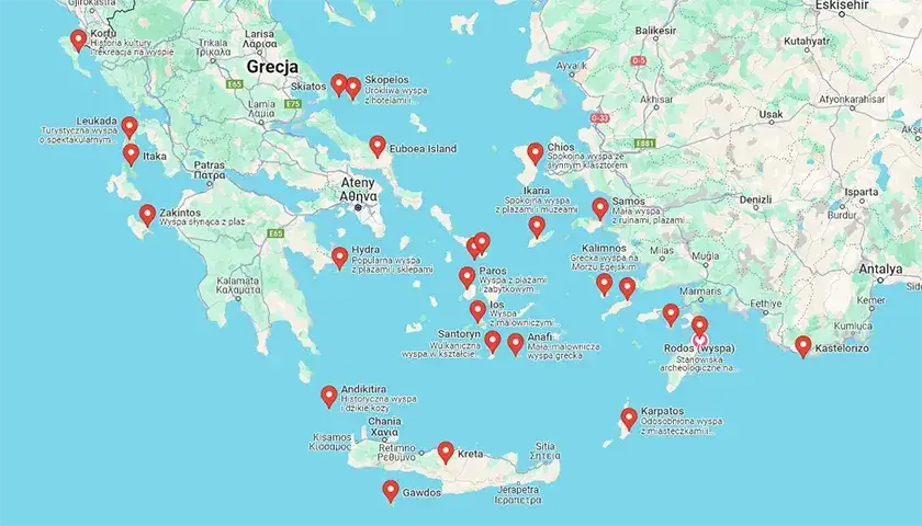 Mapa Grecji popularne wyspy
