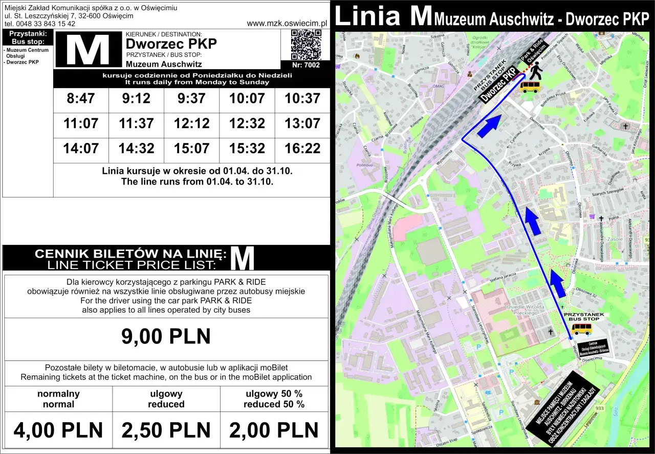 Rozkład jazdy mzk Oświęcim: linia M Muzeum Auschwitz - Dworzec PKP, kursuje codziennie od 01.04 do 31.10. Ceny biletów.