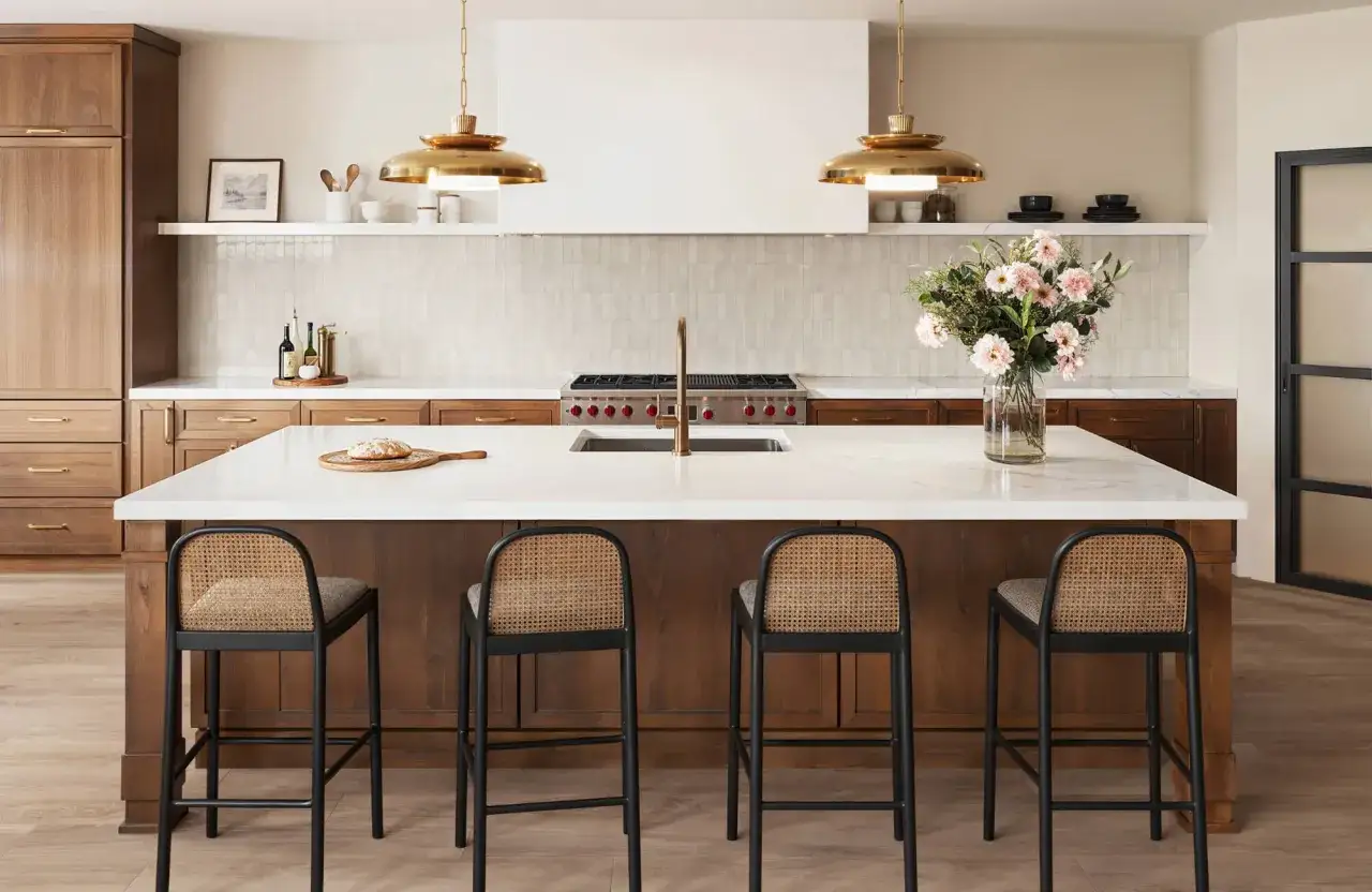 Nowoczesna kuchnia z wyspą, czterema hokerami i złotym oświetleniem og&oacute;lnym.