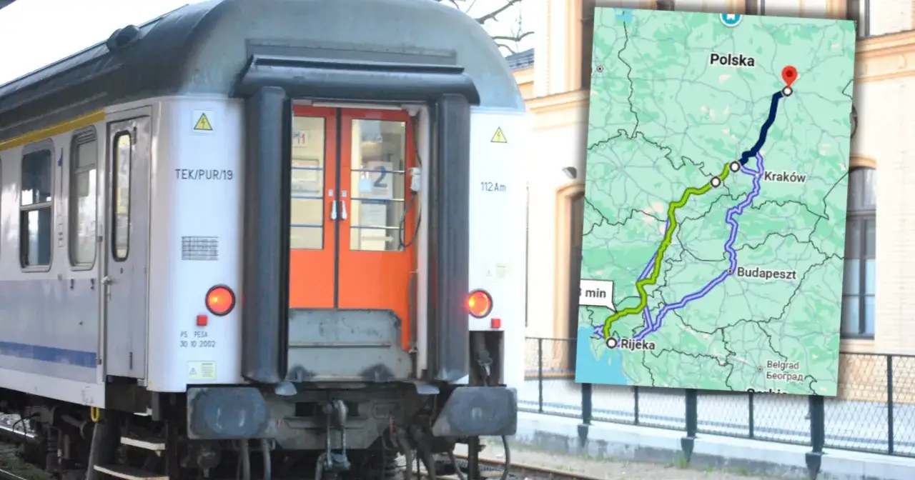 Polska Chorwacja pociągiem: mapa pokazuje trasę z Polski przez Budapeszt do Rijeki, obok wagonu kolejowego.