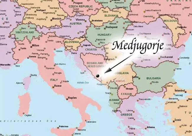 Mapa Bośni i Hercegowiny z zaznaczonym Medjugorje