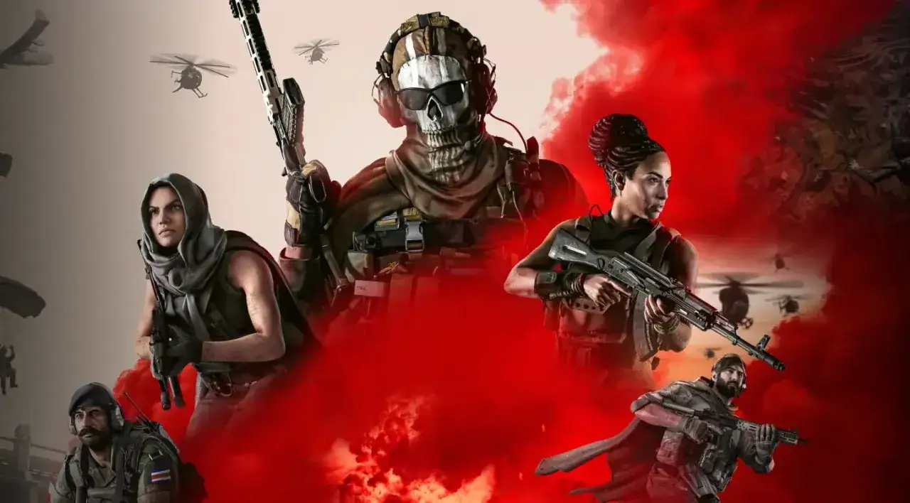 Żołnierze gotowi do walki w Call of Duty Warzone Mobile. W tle helikoptery i dym.