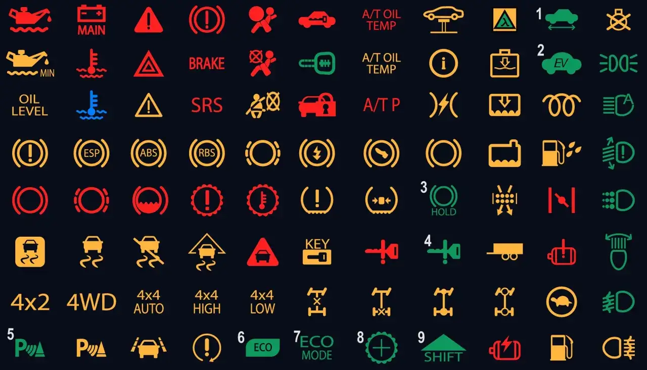 Zbi&oacute;r nietypowych kontrolek w samochodzie, od ostrzeżeń po tryby jazdy.