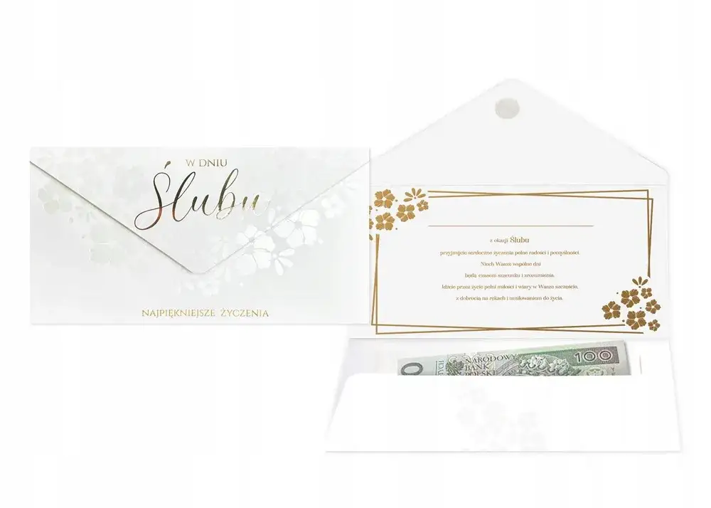 elegancka koperta na prezent ślubny z polskimi banknotami