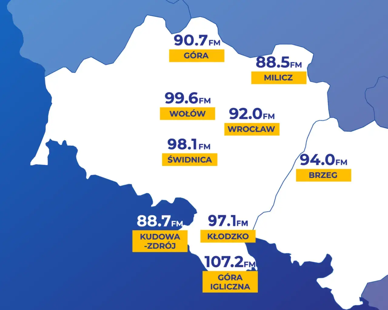 Mapa Polski z zaznaczonymi częstotliwościami radiowymi RMF FM w największych miastach