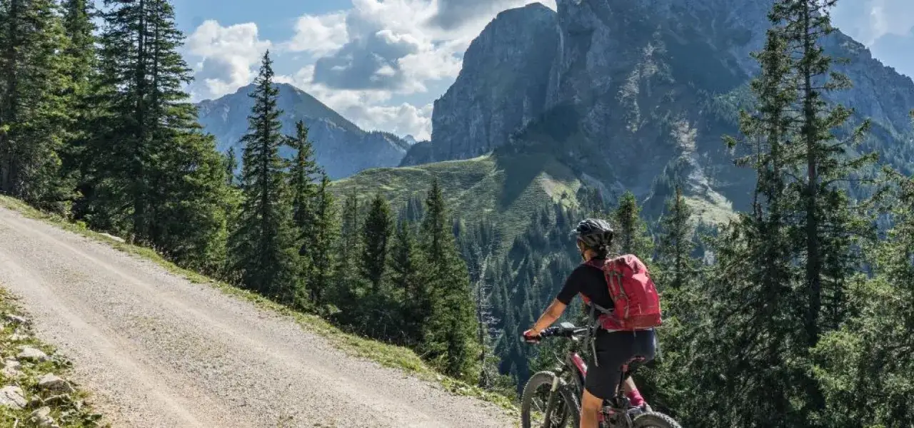 Kobieta na rowerze z plecakiem wspina się po g&oacute;rskiej drodze. Przed nią rozciąga się malowniczy krajobraz z lasem i szczytami. Dziś czeka ją **30 km na rowerze**.