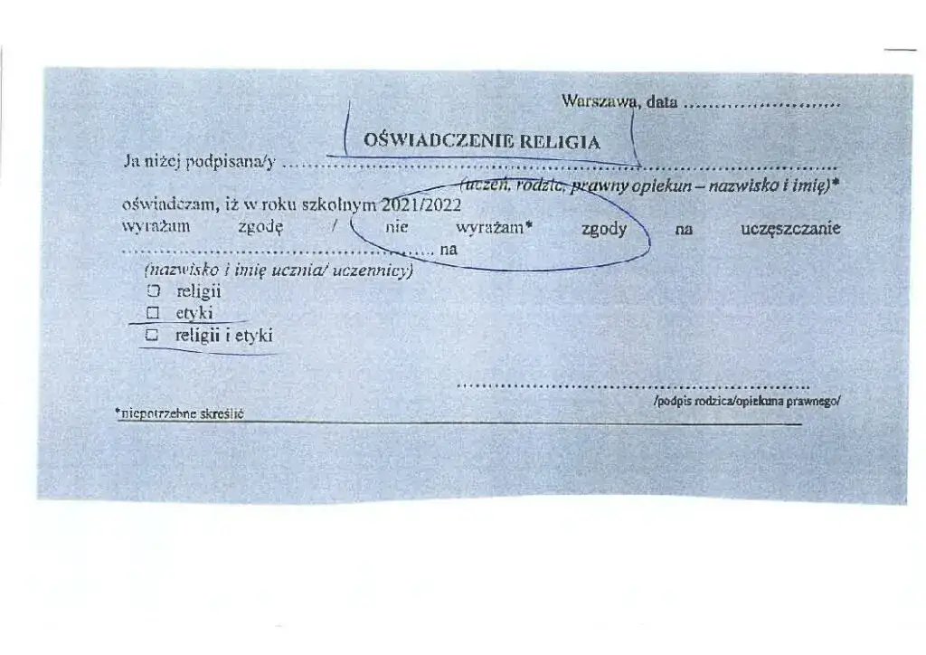 Wzór oświadczenia pełnoletniego ucznia