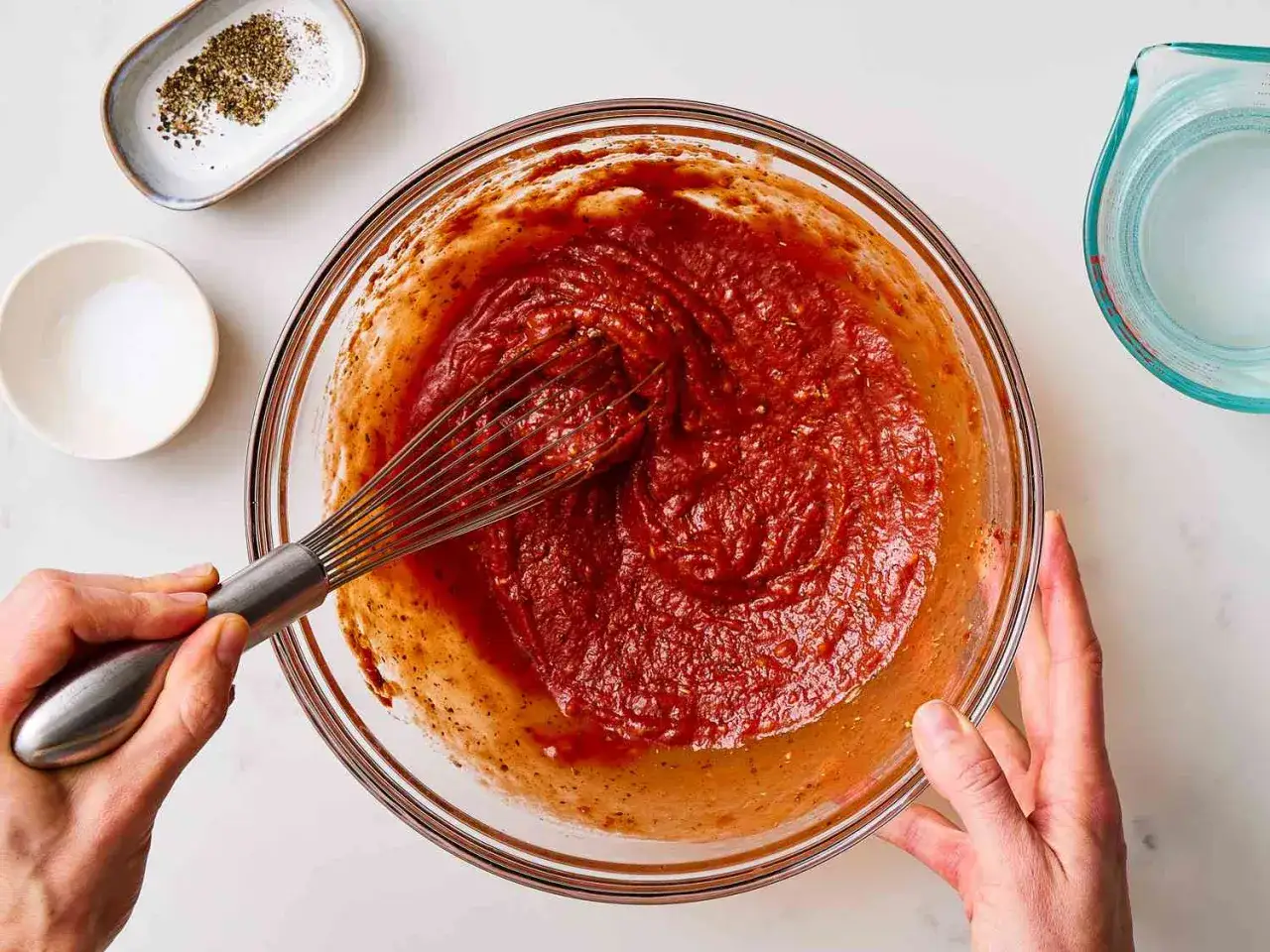 Mieszanie ręczne sosu do pizzy z koncentratu w szklanej misce. Obok s&oacute;l, pieprz i dzbanek z wodą.