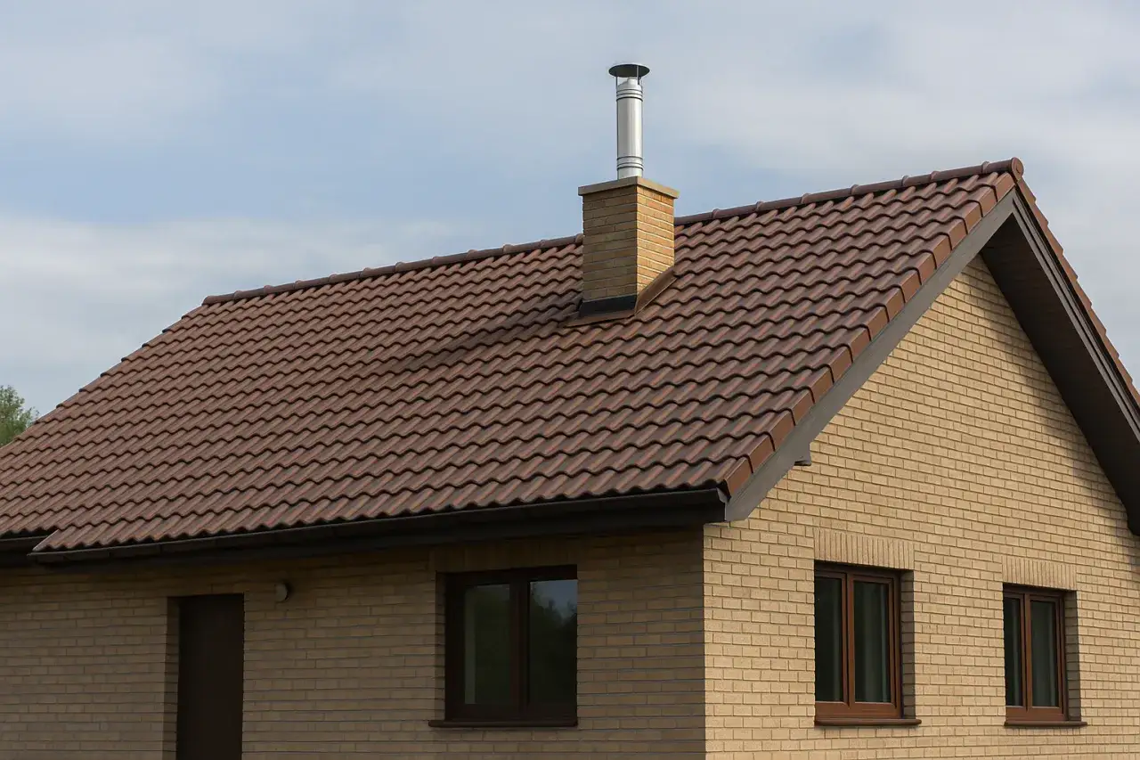 Nowy dom z brązową dachówką i kominem, w którym zastosowano wkład ceramiczny do komina, zapewniający bezpieczne odprowadzanie spalin.