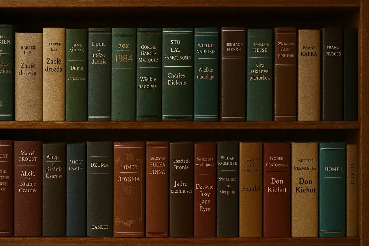 Na półkach stoją książki, tworząc kanon literatury światowej. Widać tytuły takie jak 