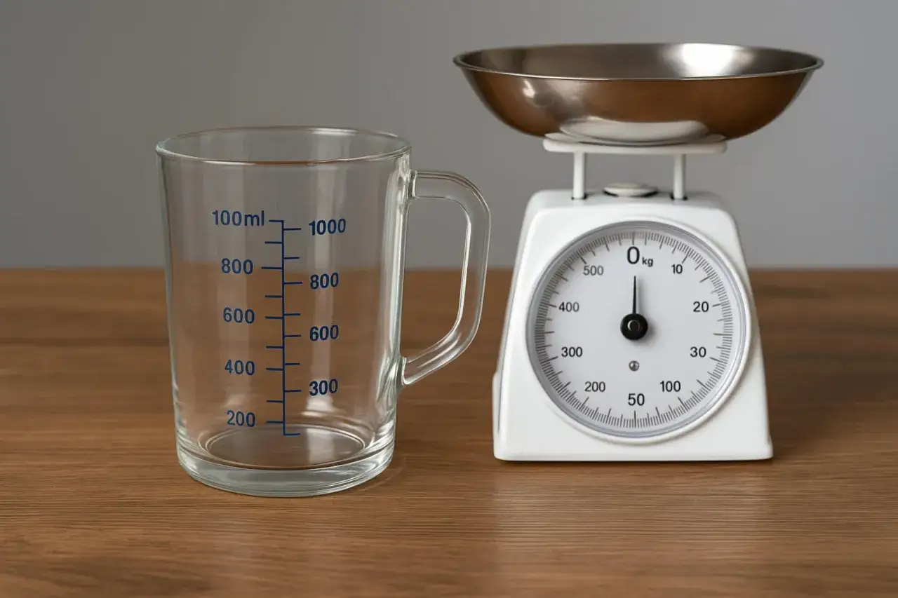 Miarka z podziałką mililitrową i waga kuchenna. Czy kilogram to litr? Zastanówmy się, co waży więcej.