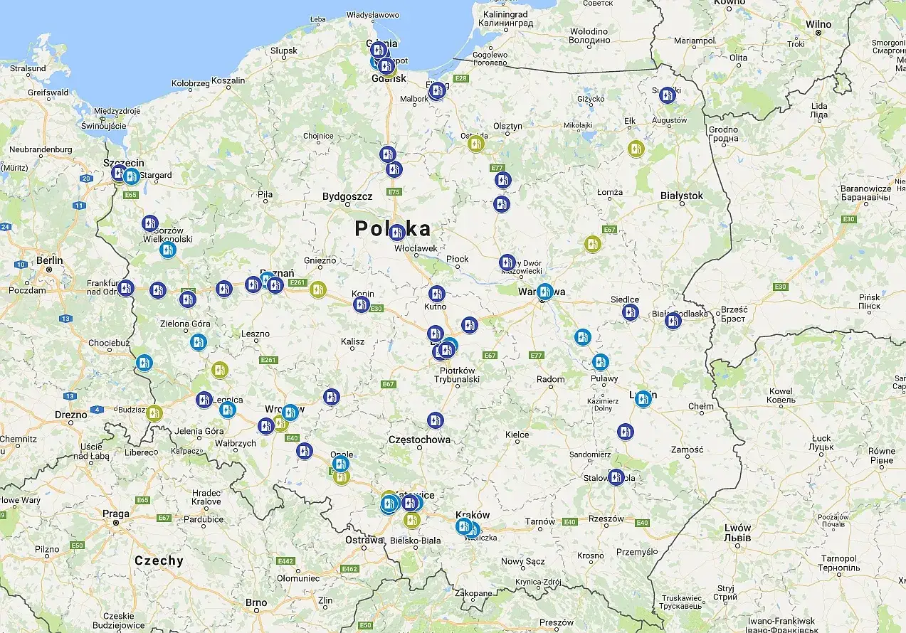 mapa stacji ładowania samochod&oacute;w elektrycznych Polska