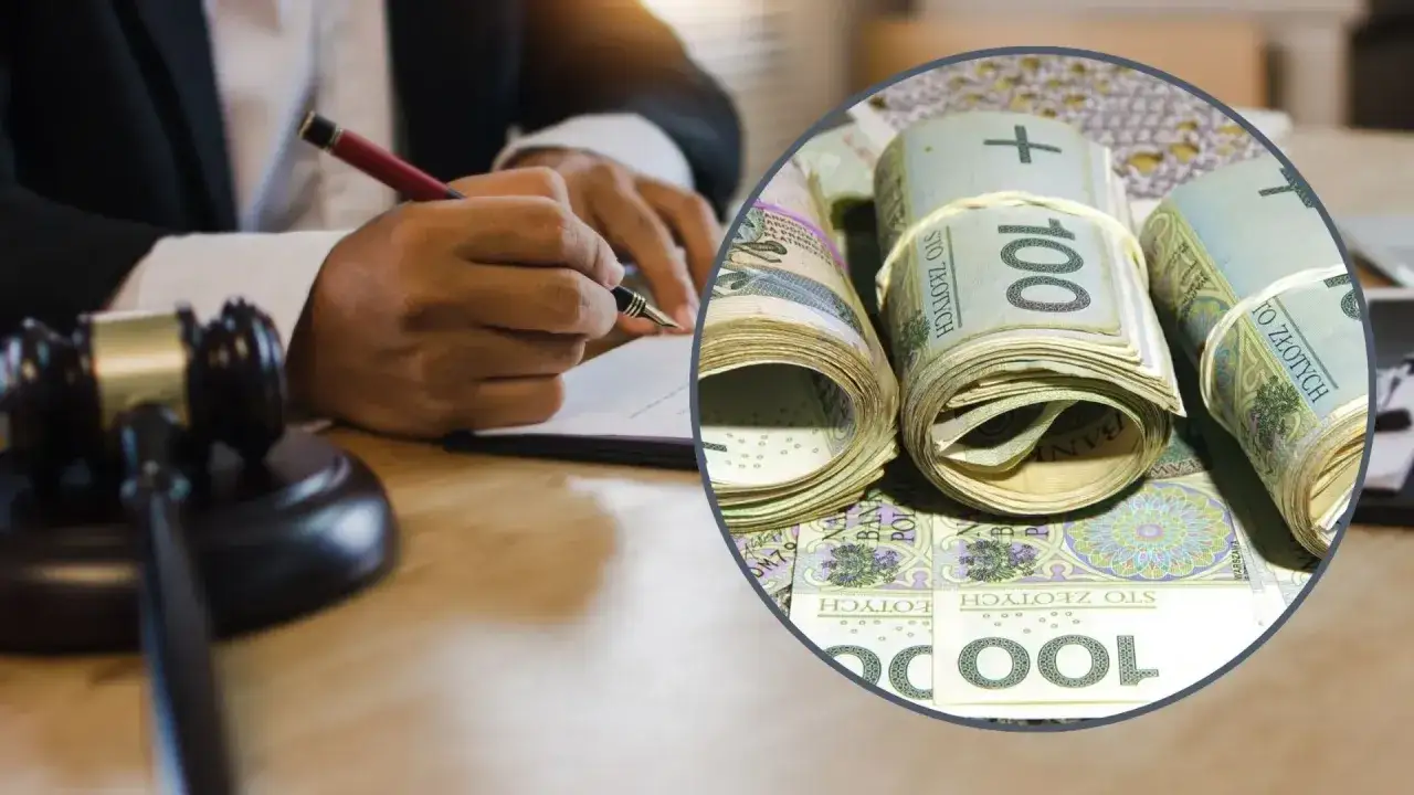Sądowy młotek i stos banknotów. Czy to oznacza, dla kogo czternasta emerytura?