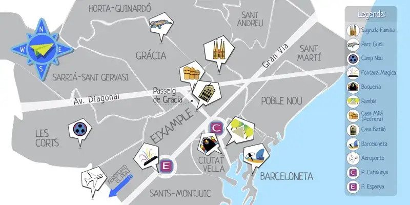Mappa dei quartieri di Barcellona con attrazioni principali