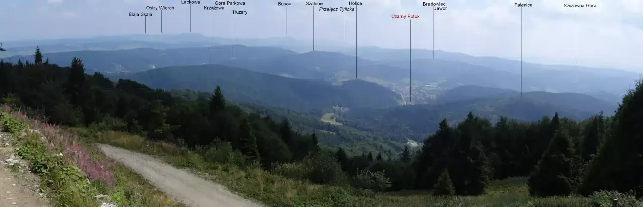 Krajobraz g&oacute;rski z widokiem na Krynicę-Zdr&oacute;j. W oddali widać pasma g&oacute;rskie takie jak Lackowa, G&oacute;ra Parkowa, Busov, Szalone, Holica, Czarny Potok, Palenica i Szczawna G&oacute;ra.