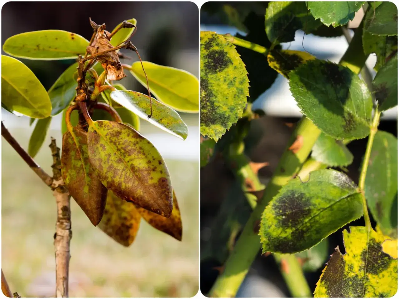Liście rododendrona i r&oacute;ży z objawami brunatna plamistość liści.