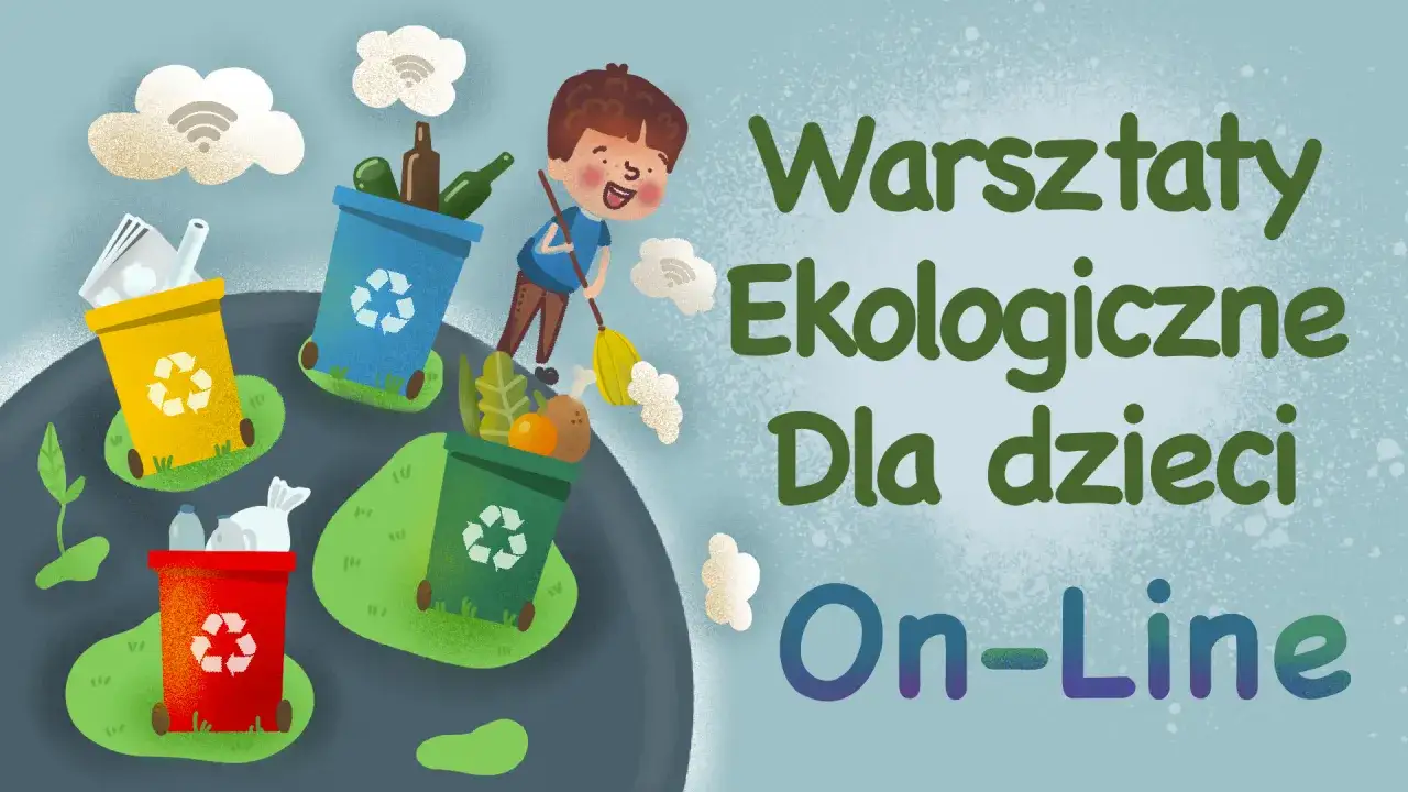 Warsztaty ekologiczne online dla dzieci. Radosny chłopiec sprząta, segregując śmieci do kolorowych koszy.