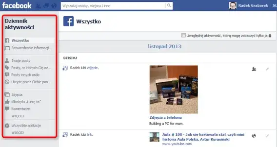 Interfejs Dziennika Aktywności Facebooka