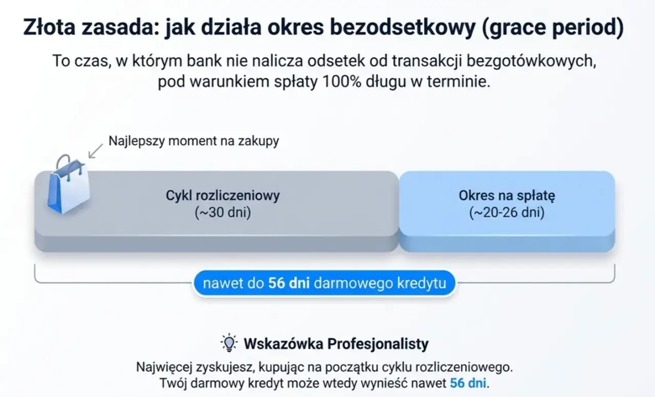 Schemat wyjaśnia, jak działa karta kredytowa i okres bezodsetkowy. Zakupy na początku cyklu rozliczeniowego dają do 56 dni darmowego kredytu.