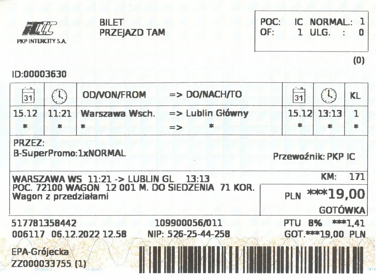 Rodzaje biletów PKP Intercity, przykładowy bilet PKP IC