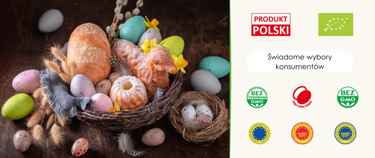 Wielkanocny koszyk z chlebem, babką i pisankami. Certyfikaty potwierdzają wysoką jakość towaru i polskie pochodzenie.