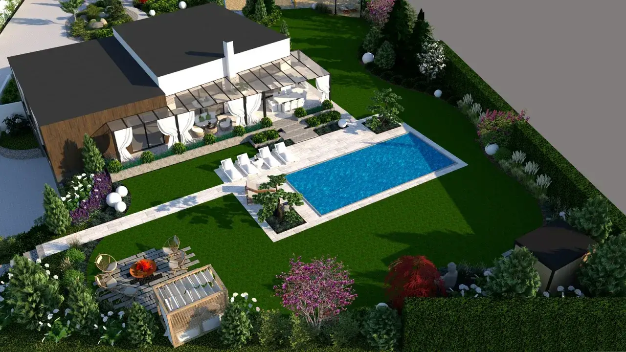 Nowoczesny ogród przed domem: basen, taras, strefa relaksu z paleniskiem i altaną. Inspiracja, jak zaprojektować ogród przed domem.