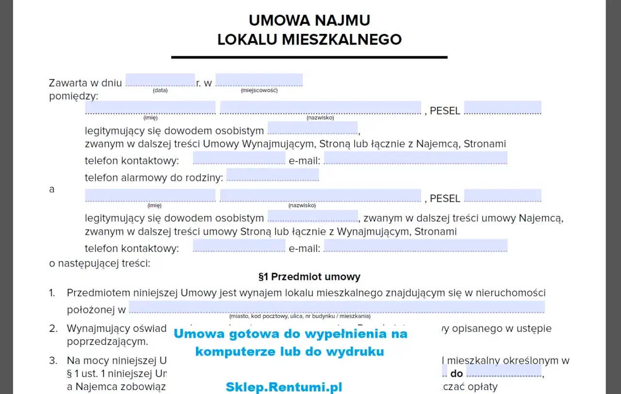 Umowa najmu okazjonalnego lokalu mieszkalnego, gotowa do wypełnienia online lub do wydruku.