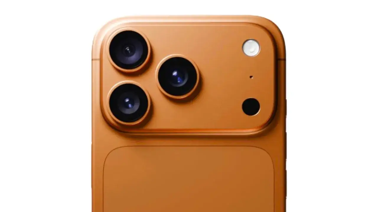 Pomarańczowy tył iPhone 18 Pro Max z potr&oacute;jnym aparatem i lampą błyskową.