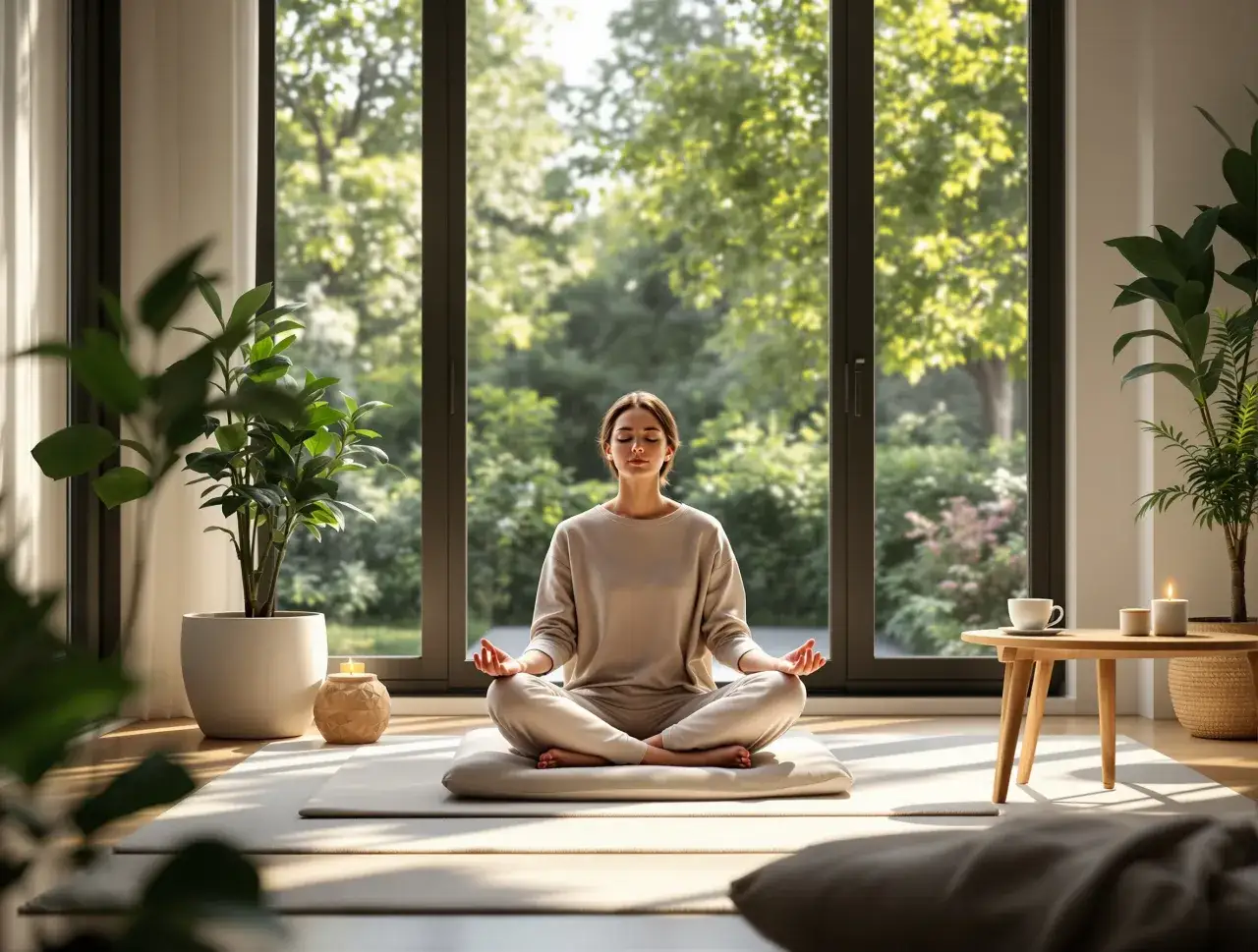 Kobieta w pozycji lotosu medytuje przy oknie, ucząc się, jak się medytuje. W tle zieleń drzew i zapalona świeca.