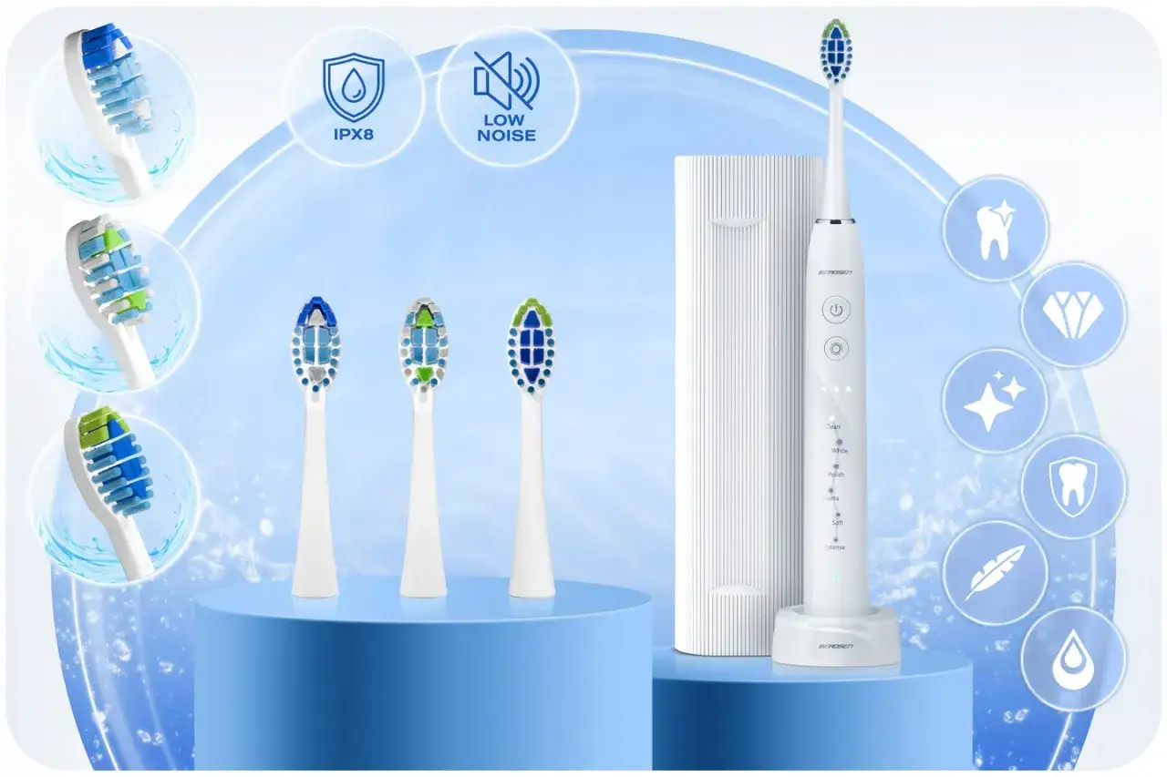 Szczoteczka soniczna: jak myć zęby, by uzyskać lśniący uśmiech. W zestawie 3 końc&oacute;wki, etui, wodoodporność IPX8.