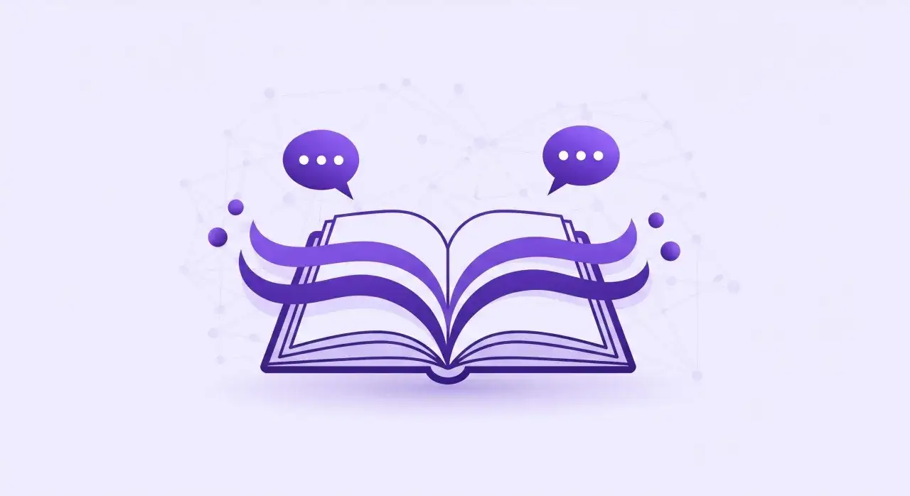 Otwarta księga z fioletowymi falami i dymkami symbolizuje różnicę między wydawnictwem tradycyjnym a vanity publishing (self-publishing).