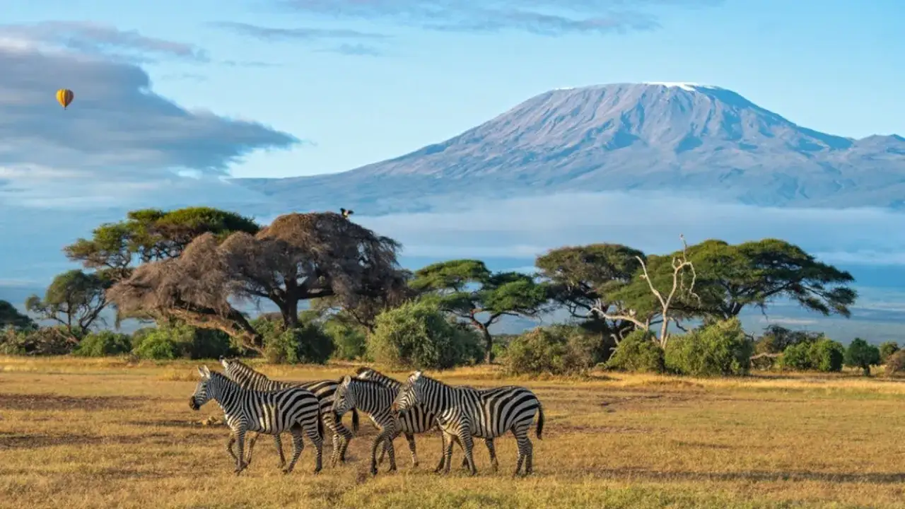 Sawanna w Kenii z zebrą na pierwszym planie i ośnieżonym szczytem Kilimandżaro w tle. Balon unosi się na niebie, podkreślając walory przyrodnicze Kenii.
