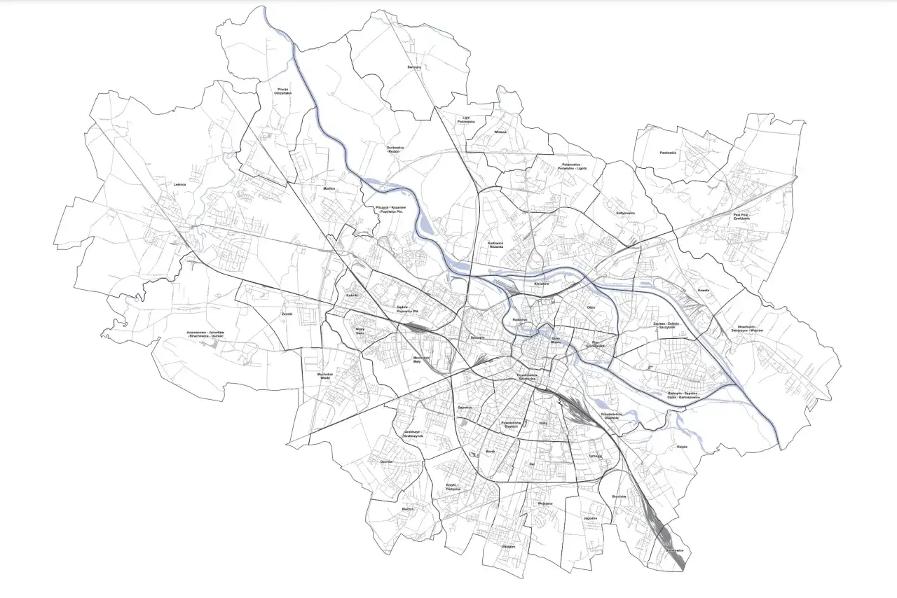 Mapa administracyjna Wrocławia z zaznaczonymi granicami osiedli. Widać rzekę Odrę i główne drogi. Jaka to dzielnica Wrocławia?