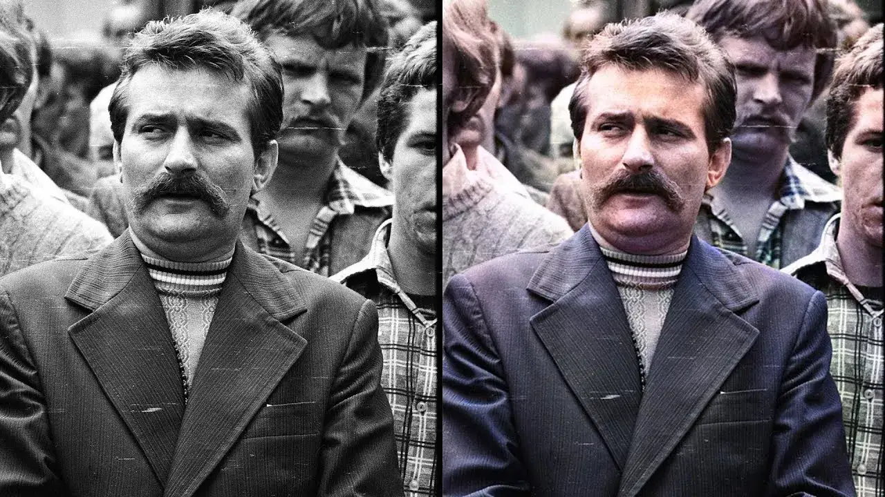 Stare czarno białe zdjęcie i to samo zdjęcie pokolorowane AI