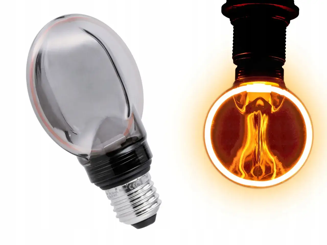 Dwie żar&oacute;wki: jedna wyłączona, szklana, z widocznym elementem grzewczym, druga świecąca ciepłym światłem. Żar&oacute;wka filament.