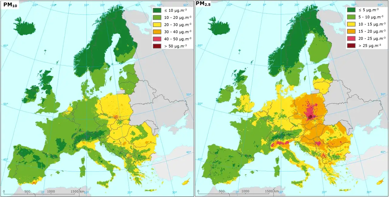 Mapy Europy pokazujące indeks jakości powietrza dla PM10 i PM2.5. Kolory wskazują stężenie pył&oacute;w.
