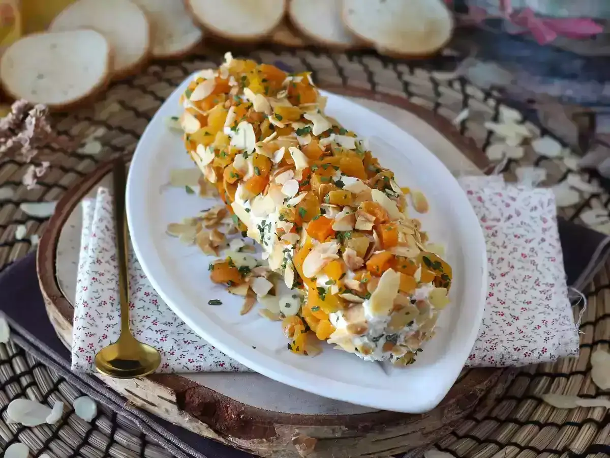 Rolada z serka z suszonymi morelami i migdałami, idealna jako przystawki na zimno.