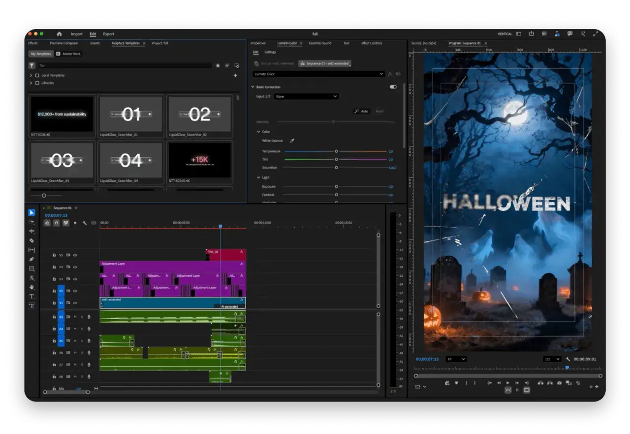 Program do montowania film&oacute;w z efektami specjalnymi, edycją kolor&oacute;w i ścieżkami dźwiękowymi. Na ekranie widać projekt 